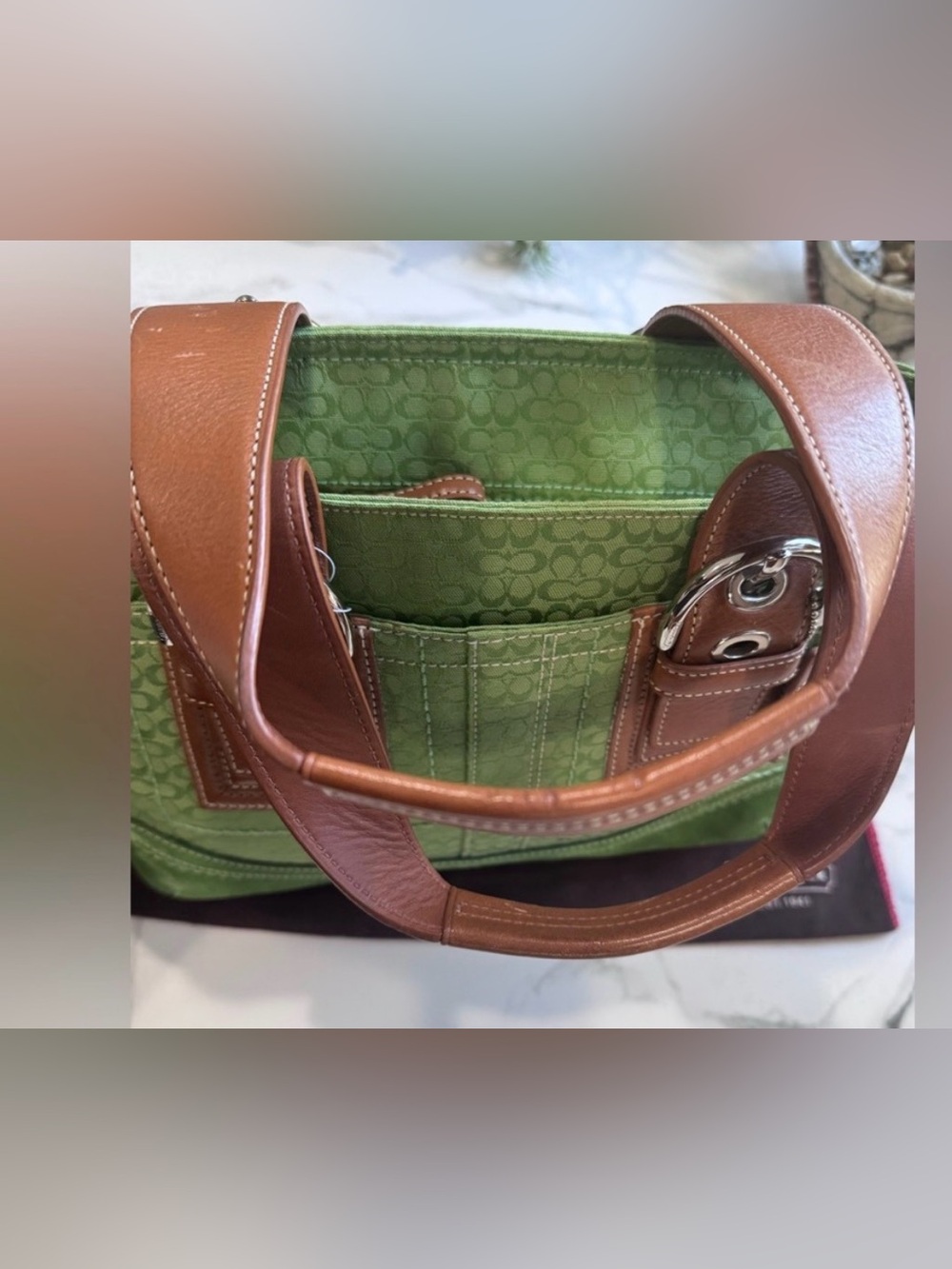 Coach Signature & Suede Green Satchel + 🍉 Coach Watermelon Coin Purse + 💯 Scarf - Picture 9 of 12